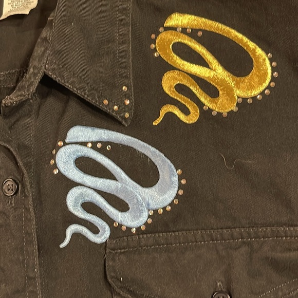 22nd Terrace M Black Oversized Denim Shirt Rhinestone Embroidery Y2K - Picture 7 of 7